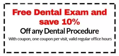 free dental exam and save 10% off any dental procedure with coupon. One coupon per visit, valid during regular office hours