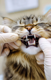 Cat receiving dental exam